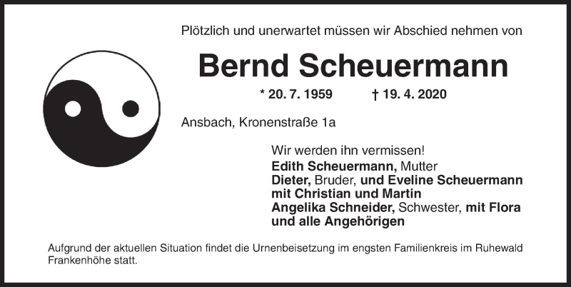  Traueranzeige für Bernd Scheuermann vom 21.05.2020 aus Ansbach
