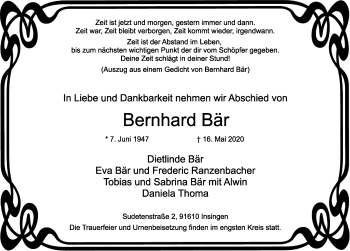 Traueranzeige von Bernhard Bär von Rothenburg