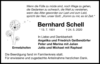 Traueranzeige von Bernhard Schell von Neustadt/ Scheinfeld/ Uffenheim