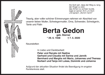 Traueranzeige von Berta Gedon von Ansbach