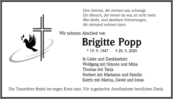 Traueranzeige von Brigitte Popp von Neustadt/ Scheinfeld/ Uffenheim