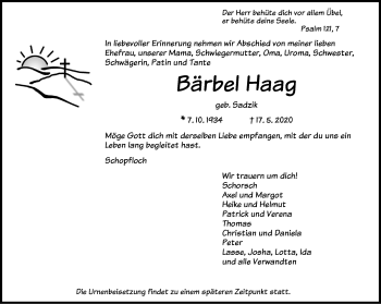 Traueranzeige von Bärbel Haag von Dinkelsbühl/ Feuchtwangen