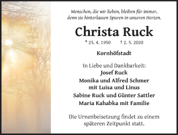 Traueranzeige von Christa Ruck von Neustadt/ Scheinfeld/ Uffenheim