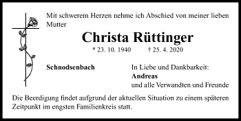 Traueranzeige von Christa Rüttinger von Neustadt/ Scheinfeld/ Uffenheim