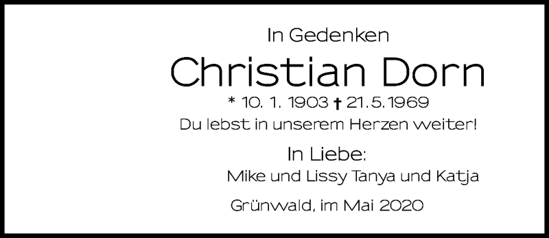  Traueranzeige für Christian Dorn vom 23.05.2020 aus Ansbach