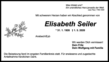 Traueranzeige von Elisabeth Seiler von Ansbach