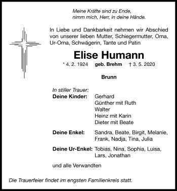 Traueranzeige von Elise Humann von Neustadt/ Scheinfeld/ Uffenheim