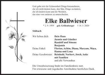 Traueranzeige von Elke Ballwieser von Neustadt/ Scheinfeld/ Uffenheim