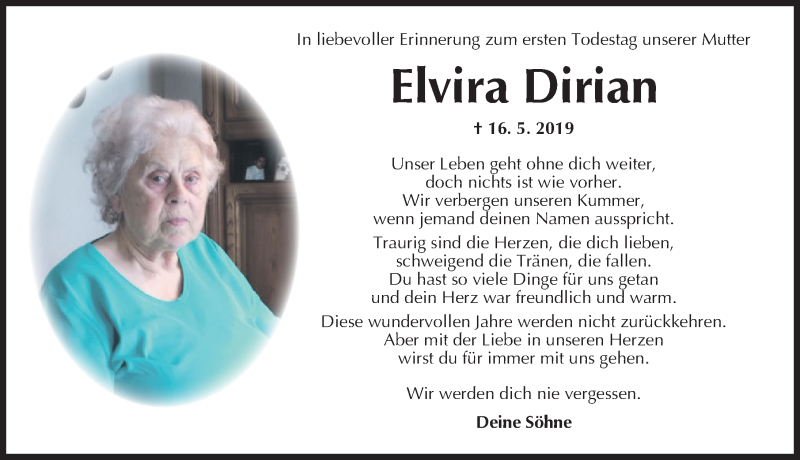  Traueranzeige für Elvira Dirian vom 16.05.2020 aus Dinkelsbühl/ Feuchtwangen