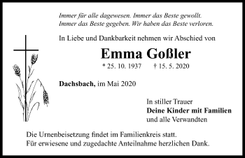 Traueranzeige von Emma Goßler von Neustadt/ Scheinfeld/ Uffenheim