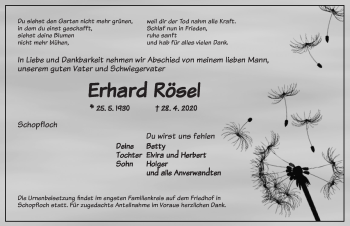 Traueranzeige von Erhard Rösel von Dinkelsbühl/ Feuchtwangen