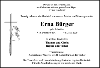 Traueranzeige von Erna Bürger von Rothenburg