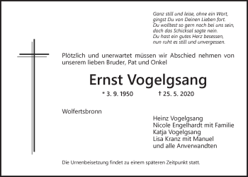 Traueranzeige von Ernst Vogelgsang von Dinkelsbühl/ Feuchtwangen