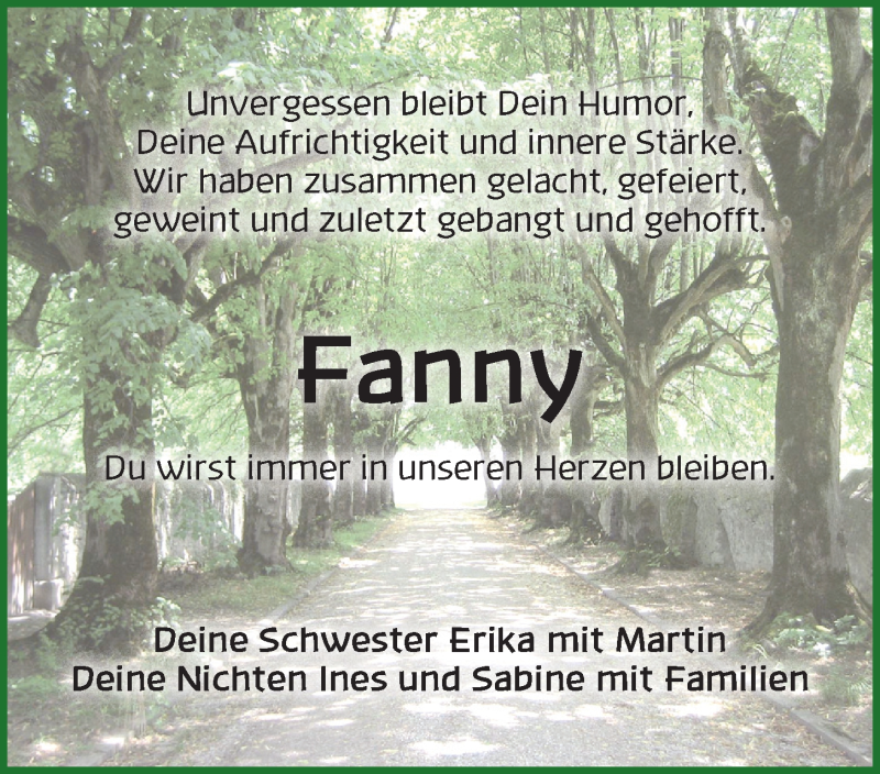  Traueranzeige für Fanny  vom 30.05.2020 aus Ansbach