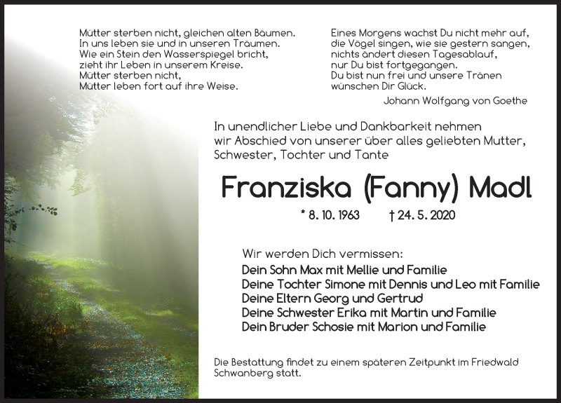  Traueranzeige für Franziska Madl vom 30.05.2020 aus Ansbach