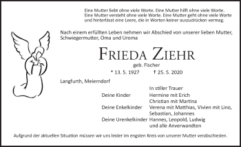 Traueranzeige von Frieda Ziehr von Dinkelsbühl/ Feuchtwangen