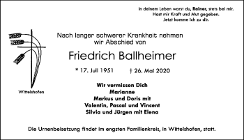 Traueranzeige von Friedrich Ballheimer von Dinkelsbühl/ Feuchtwangen