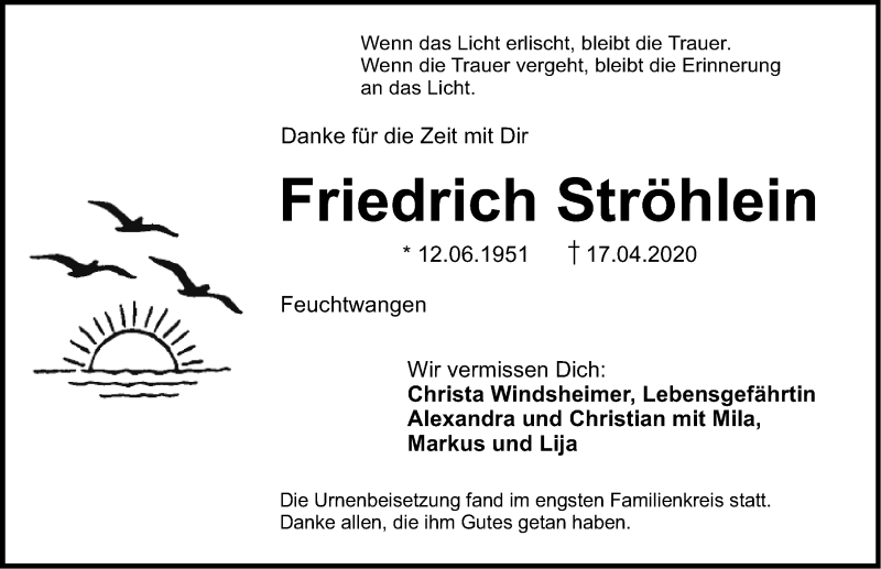  Traueranzeige für Friedrich Ströhlein vom 01.05.2020 aus Dinkelsbühl/ Feuchtwangen