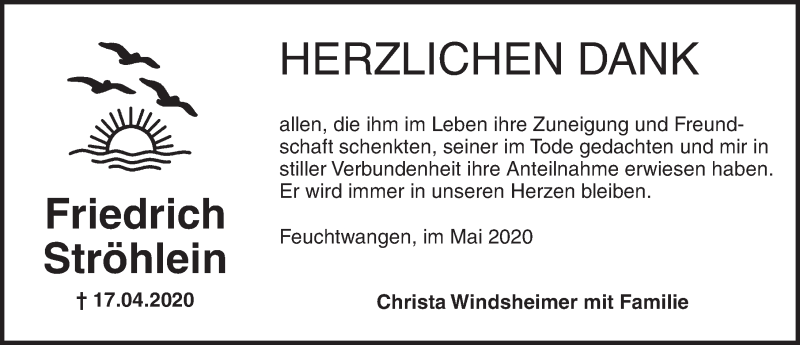  Traueranzeige für Friedrich Ströhlein vom 08.05.2020 aus Dinkelsbühl/ Feuchtwangen