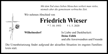 Traueranzeige von Fritz Wieser von Neustadt/ Scheinfeld/ Uffenheim