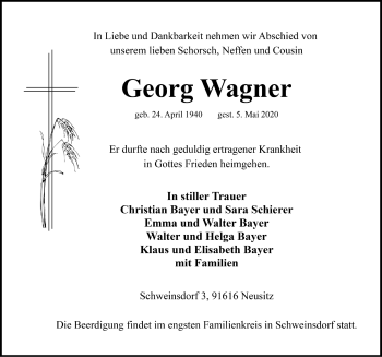 Traueranzeige von Georg Wagner von Rothenburg