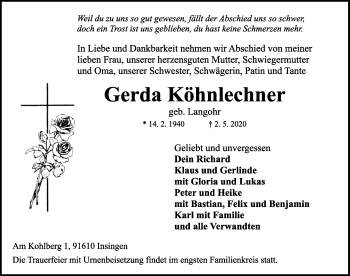 Traueranzeige von Gerda Köhnlechner von Rothenburg