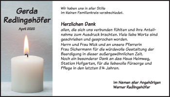 Traueranzeige von Gerda Redlingshöfer von Ansbach
