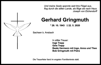 Traueranzeige von Gerhard Gringmuth von Ansbach