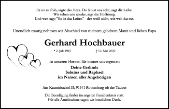 Traueranzeige von Gerhard Hochbauer von Rothenburg