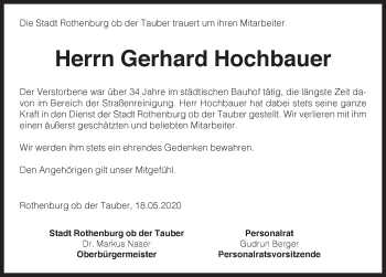 Traueranzeige von Gerhard Hochbauer von Rothenburg