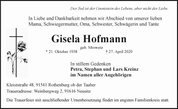Traueranzeige von Gisela Hofmann von Rothenburg