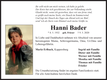 Traueranzeige von Hanni Bader von Neustadt/ Scheinfeld/ Uffenheim