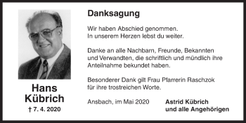 Traueranzeige von Hans Kübrich von Ansbach