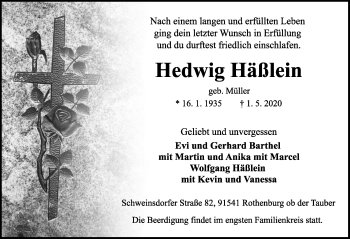 Traueranzeige von Hedwig Häßlein von Rothenburg