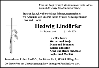 Traueranzeige von Hedwig Lindörfer von Rothenburg