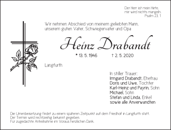 Traueranzeige von Heinz Drabrandt von Dinkelsbühl/ Feuchtwangen