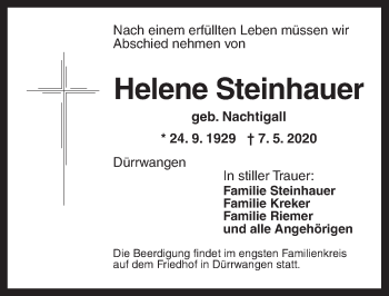 Traueranzeige von Helene Steinhauer von Dinkelsbühl/ Feuchtwangen