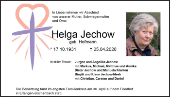 Traueranzeige von Helga Jechow von Neustadt/ Scheinfeld/ Uffenheim