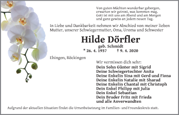 Traueranzeige von Hilde Dörfler von Dinkelsbühl/ Feuchtwangen