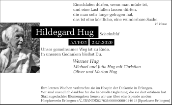 Traueranzeige von Hildegard Hug von Neustadt/ Scheinfeld/ Uffenheim