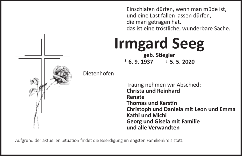  Traueranzeige für Irmgard Seeg vom 07.05.2020 aus Ansbach