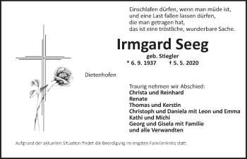 Traueranzeige von Irmgard Seeg von Ansbach