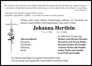 Traueranzeige von Johanna Hertlein von Neustadt/ Scheinfeld/ Uffenheim