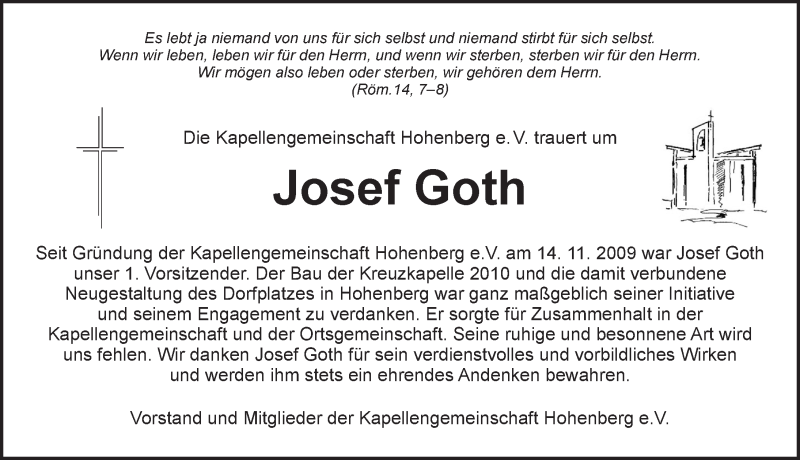  Traueranzeige für Josef Goth vom 06.05.2020 aus Ansbach