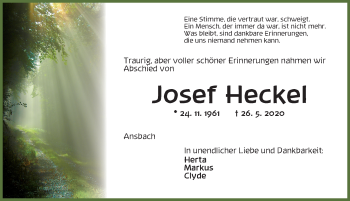 Traueranzeige von Josef Heckel von Ansbach
