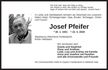 Traueranzeige von Josef Pfeifer von Dinkelsbühl/ Feuchtwangen