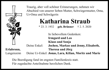 Traueranzeige von Katharina Straub von Neustadt/ Scheinfeld/ Uffenheim