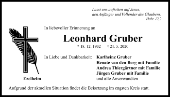 Traueranzeige von Leonhard Gruber von Neustadt/ Scheinfeld/ Uffenheim