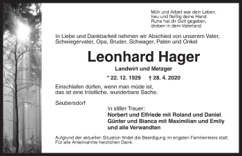 Traueranzeige von Leonhard Hager von Ansbach