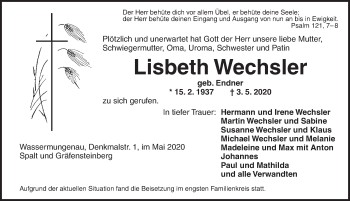 Traueranzeige von Lisbeth Wechsler von Ansbach